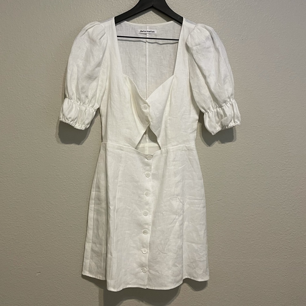 Reformation White Linen Mini Dress with Puff Sleeves